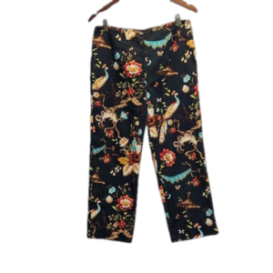 Anne Carson dark navy floral & birds print cropped side zipper straight leg pant